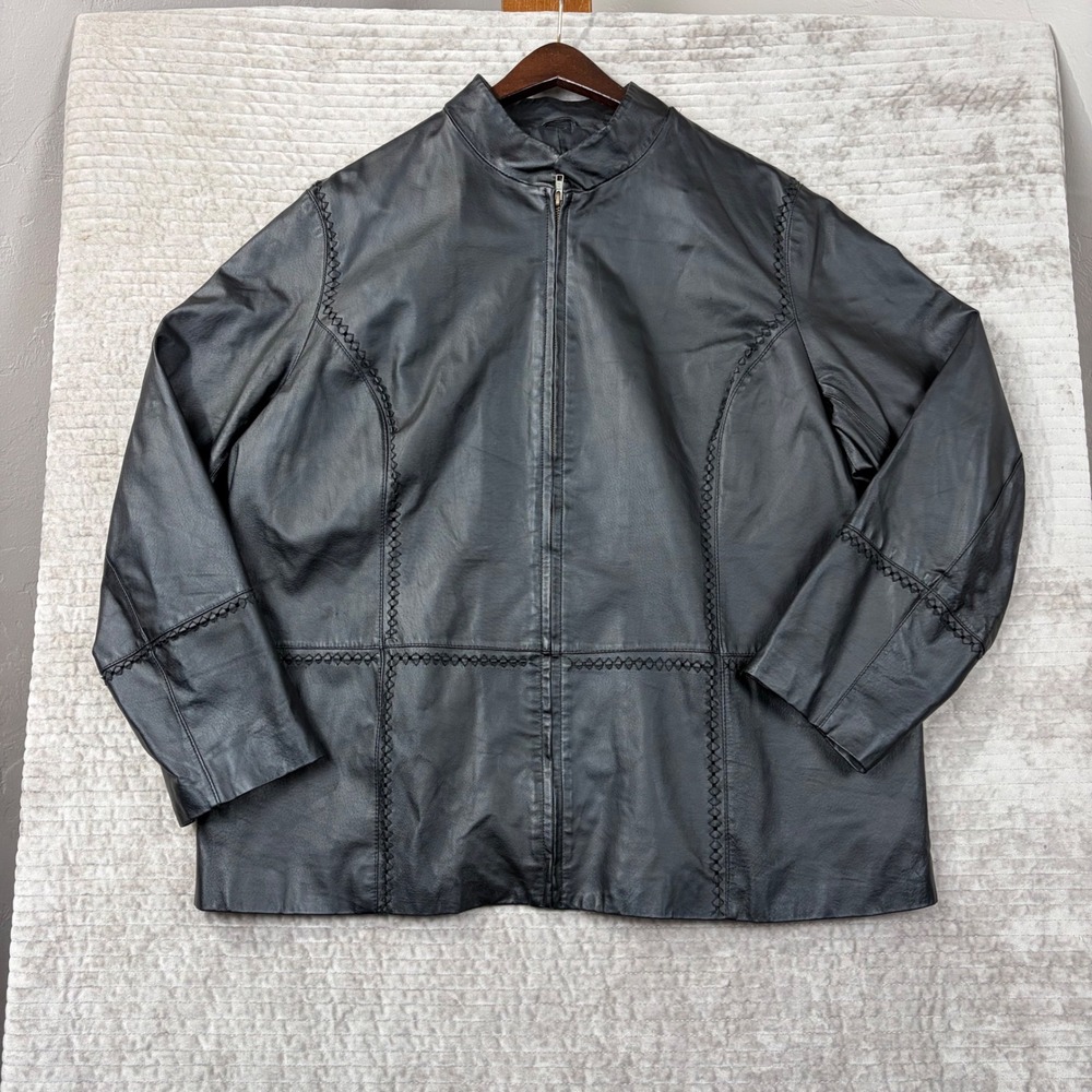 JL Studio Womens Plus Size 20W‎ Black Leather Whipstitch Zip Front Jacket